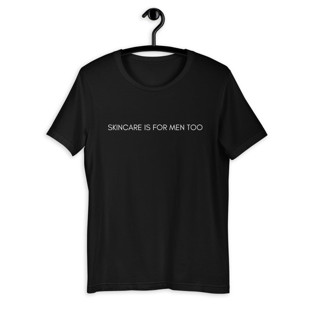 Black shirt from Soft Shop with white text centered in front skincare if for men too