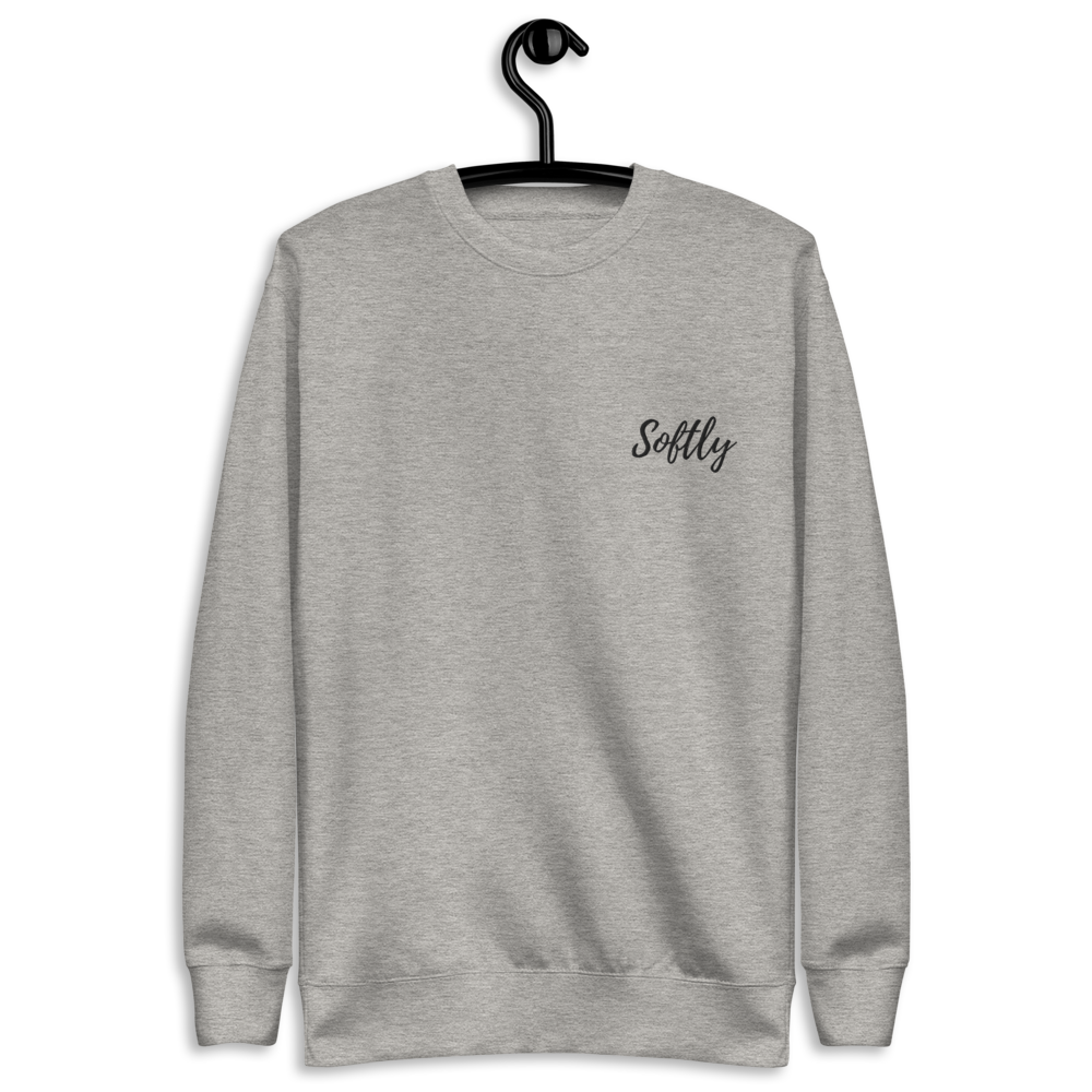 Gray Grey long sleeve fleece pullover sweater with black embroidered fancy cursive text SOFTLY