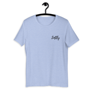 Light blue short sleeve shirt with black embroidered fancy cursive text SOFTLY