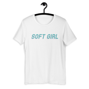 White shirt from Soft Shop with baby blue text with baby pink shadow centered SOFT GIRL 