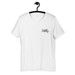 White short sleeve shirt with black embroidered fancy cursive text SOFTLY
