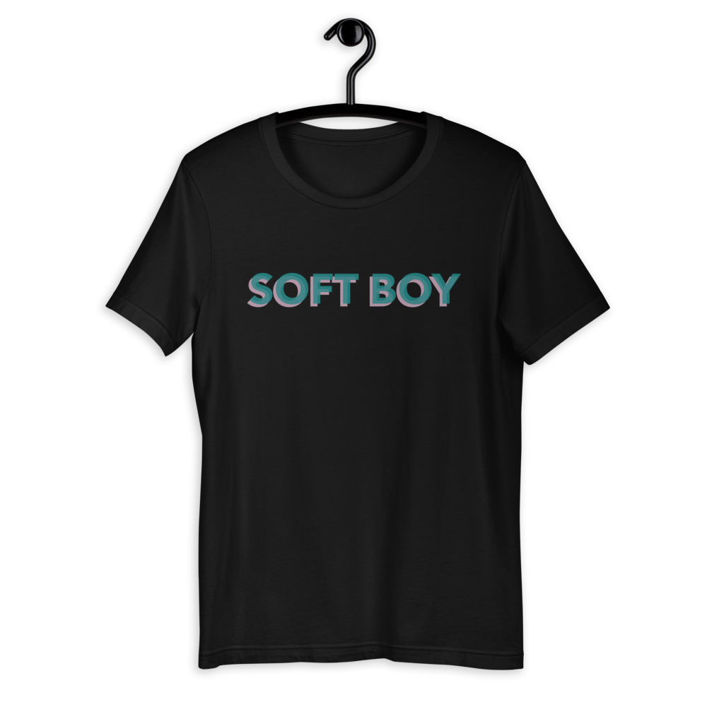 Black shirt from Soft Shop with baby blue text with baby pink shadow centered SOFT BOY 