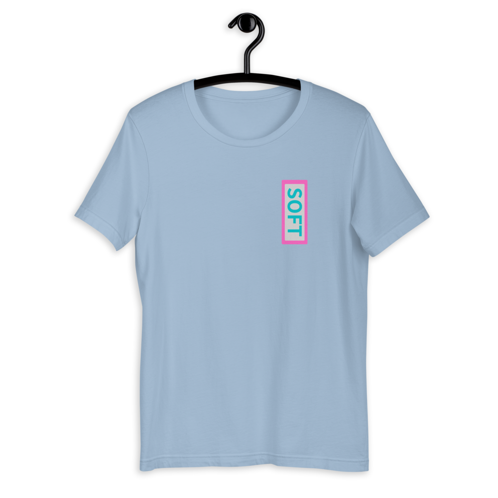 Light Blue Shirt from Soft Shop with vertical Soft teal lettering in pink box