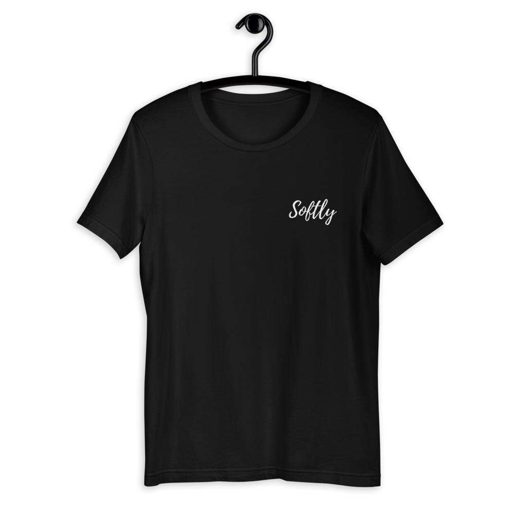 Black short sleeve shirt with white embroidered fancy cursive text SOFTLY