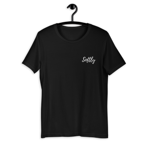 Black short sleeve shirt with white embroidered fancy cursive text SOFTLY