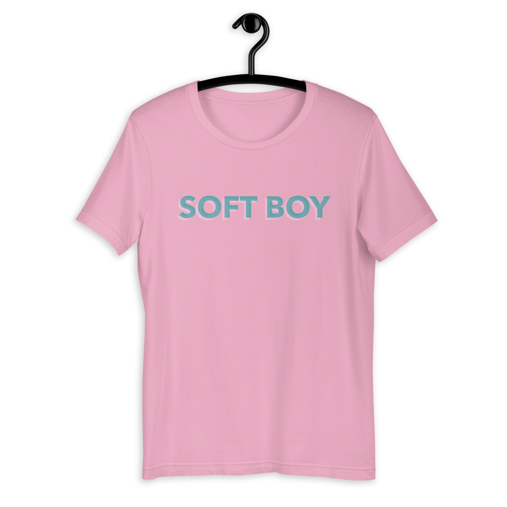 Pink shirt from Soft Shop with baby blue text with baby pink shadow centered SOFT BOY