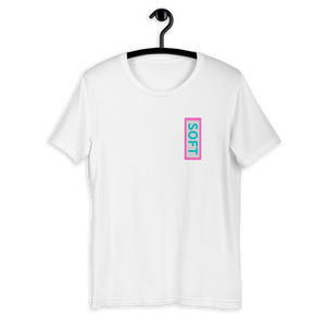 White Shirt from Soft Shop with vertical Soft teal lettering in pink box