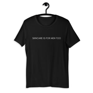 Black shirt from Soft Shop with white text centered in front skincare if for men too