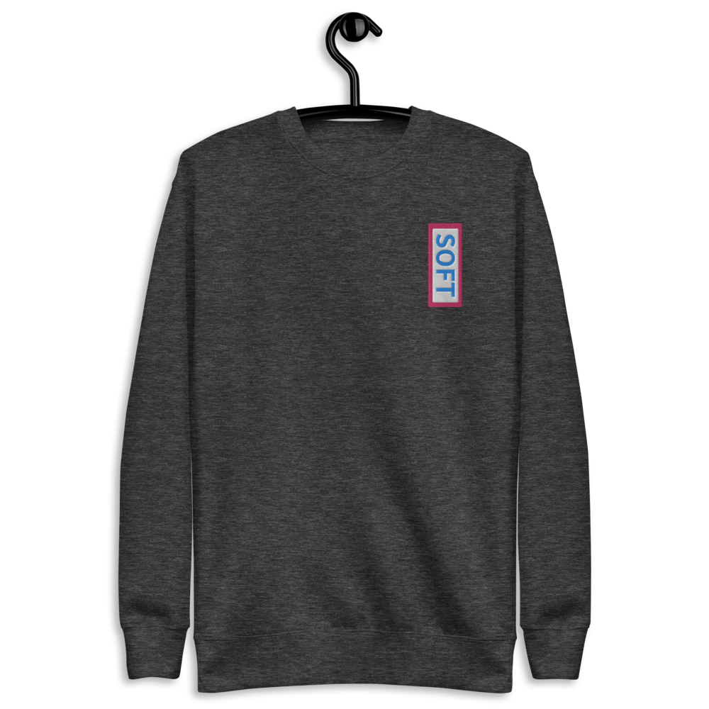 Grey gray fleece pullover from Soft Shop with vertical Soft blue lettering in red box