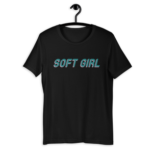 Black shirt from Soft Shop with baby blue text with baby pink shadow centered SOFT GIRL 