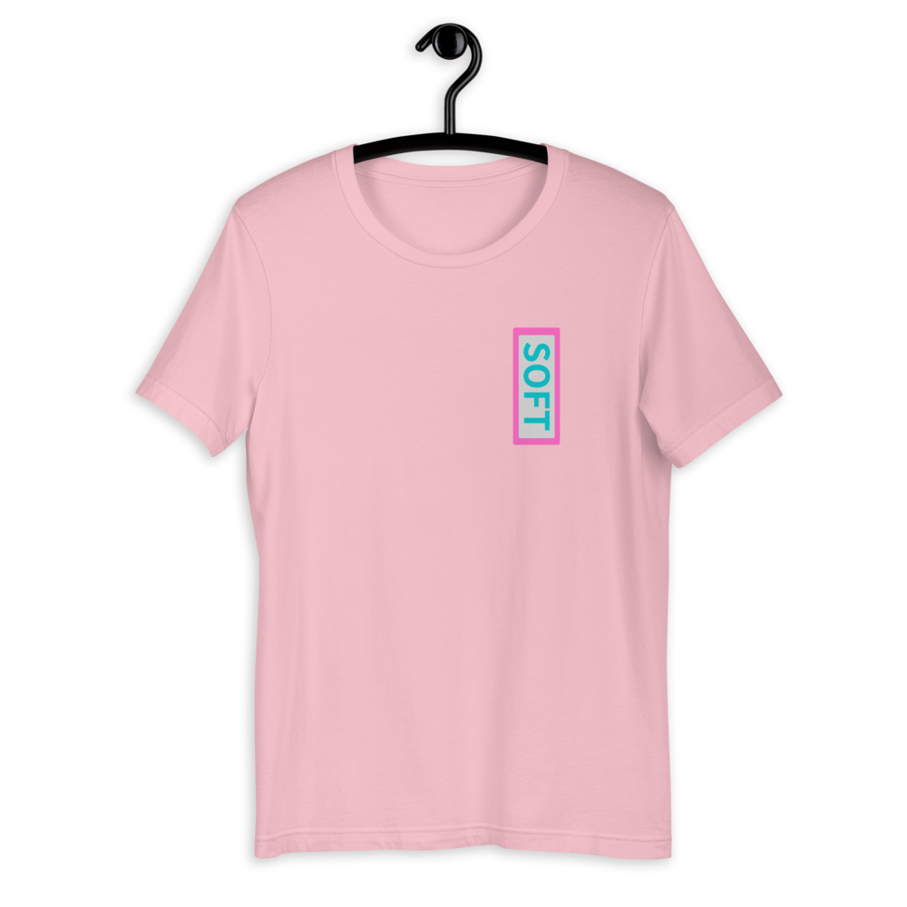 Pink Shirt from Soft Shop with vertical Soft teal lettering in pink box