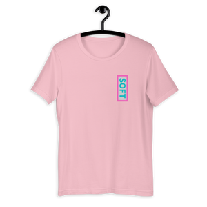 Pink Shirt from Soft Shop with vertical Soft teal lettering in pink box