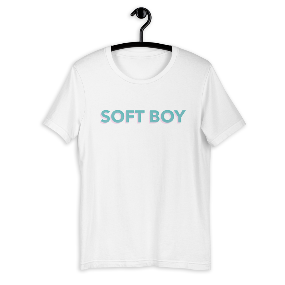 White shirt from Soft Shop with baby blue text with baby pink shadow centered SOFT BOY 