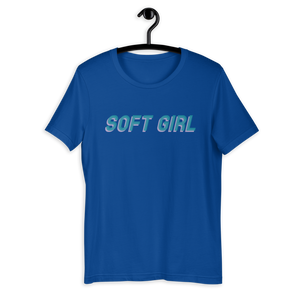 Blue shirt from Soft Shop with baby blue text with baby pink shadow centered SOFT GIRL 