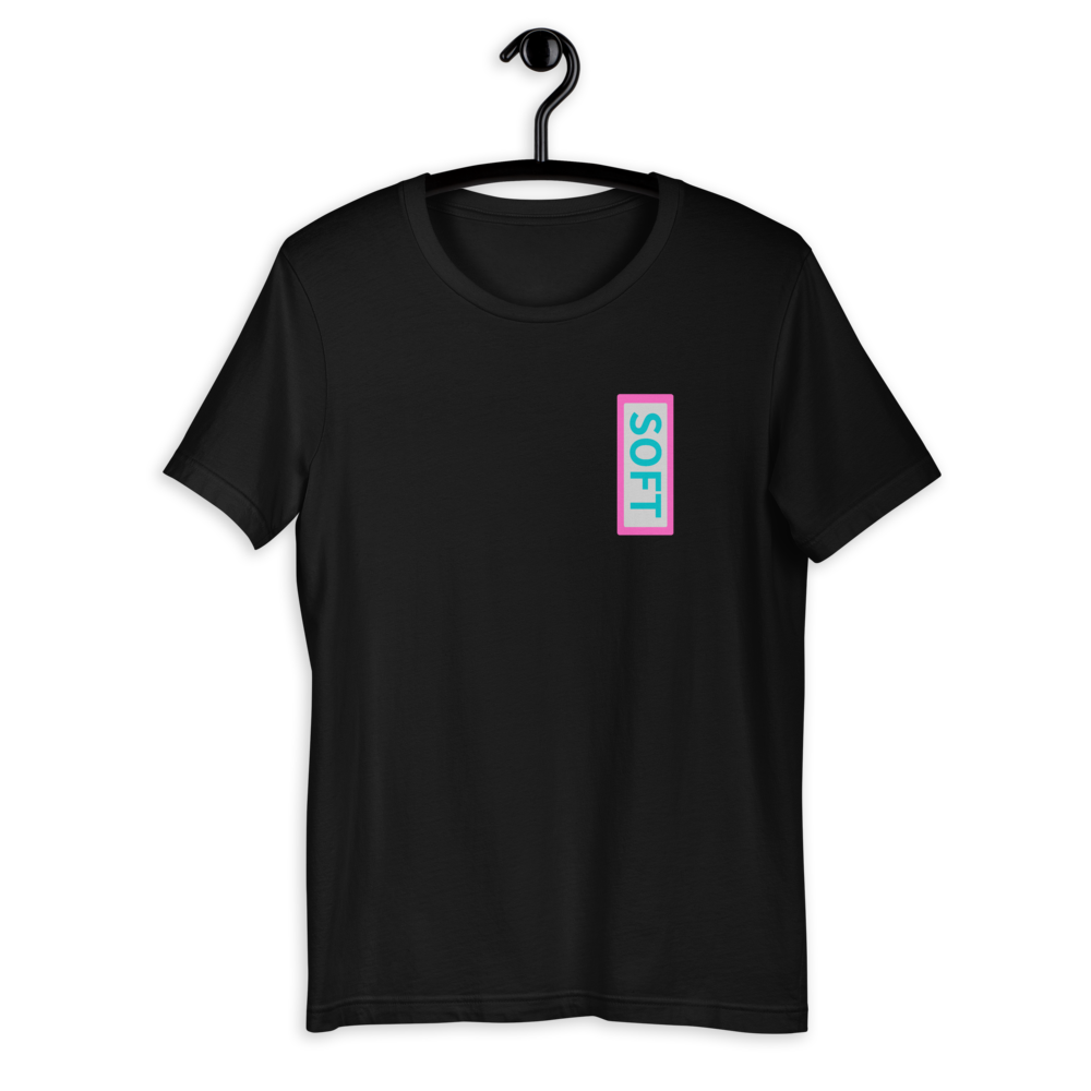 Black Shirt from Soft Shop with vertical Soft teal lettering in pink box