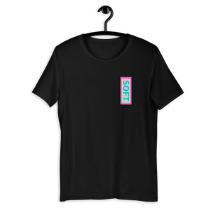 Black Shirt from Soft Shop with vertical Soft teal lettering in pink box