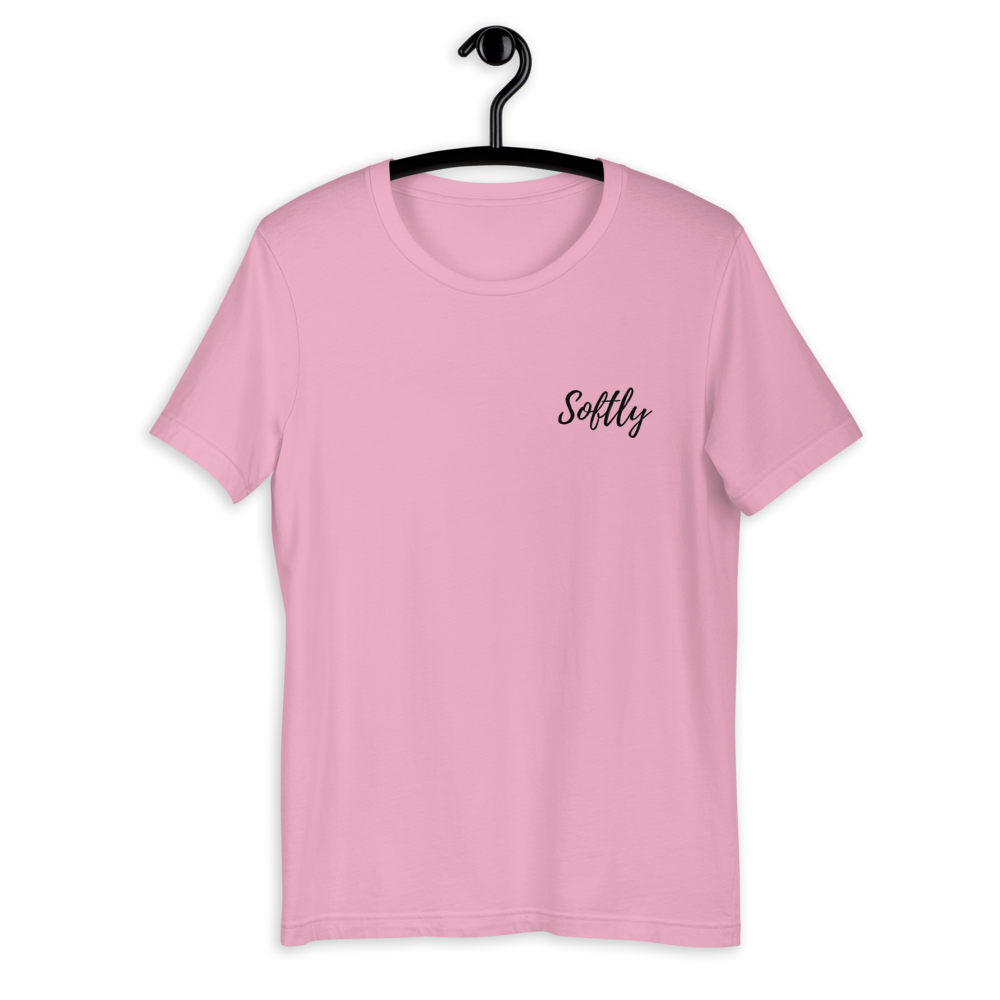 Pink short sleeve shirt with black embroidered fancy cursive text SOFTLY