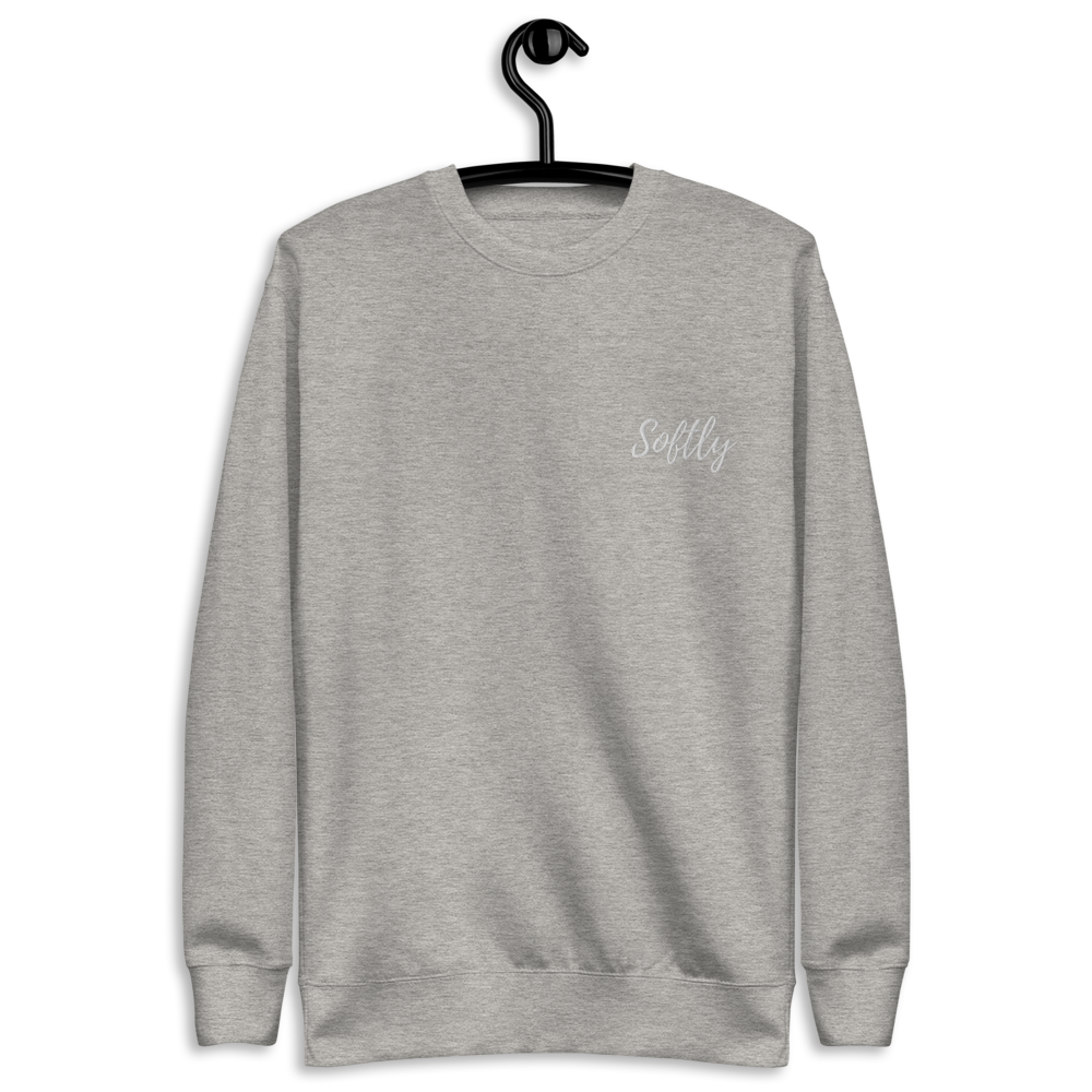 Gray Grey long sleeve fleece pullover sweater with white embroidered fancy cursive text SOFTLY