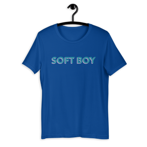 Blue shirt from Soft Shop with baby blue text with baby pink shadow centered SOFT BOY