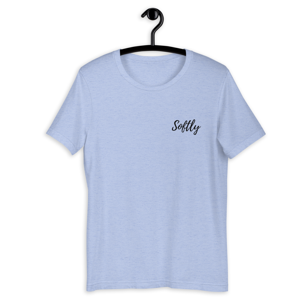 Light blue short sleeve shirt with black embroidered fancy cursive text SOFTLY