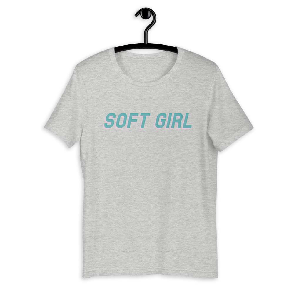 Gray Grey shirt from Soft Shop with baby blue text with baby pink shadow centered SOFT GIRL 