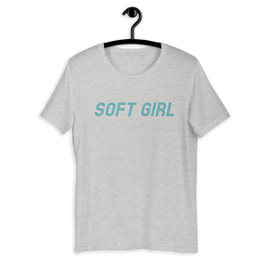Gray Grey shirt from Soft Shop with baby blue text with baby pink shadow centered SOFT GIRL 