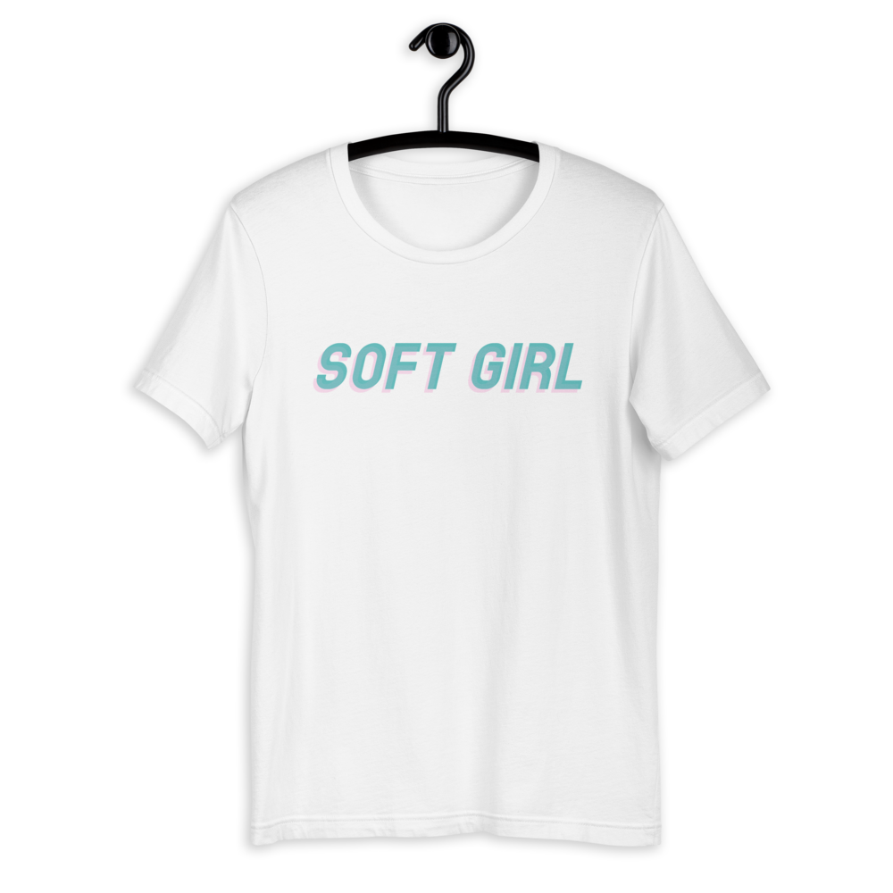 White shirt from Soft Shop with baby blue text with baby pink shadow centered SOFT GIRL 