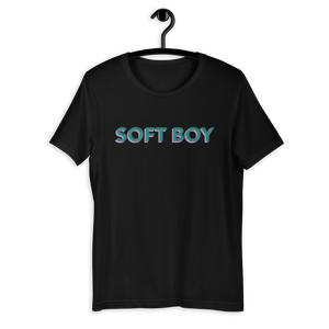 Black shirt from Soft Shop with baby blue text with baby pink shadow centered SOFT BOY 