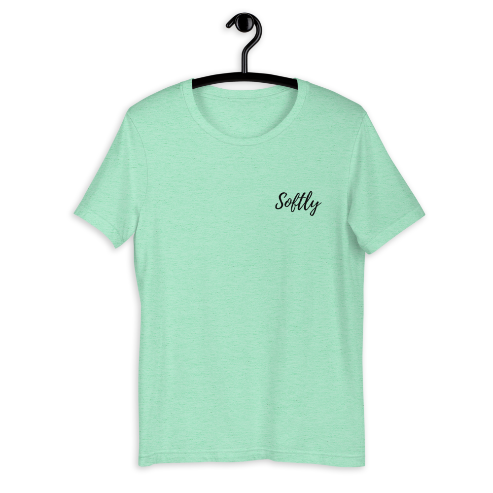 Light green short sleeve shirt with black embroidered fancy cursive text SOFTLY