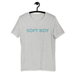 Gray Grey shirt from Soft Shop with baby blue text with baby pink shadow centered SOFT BOY