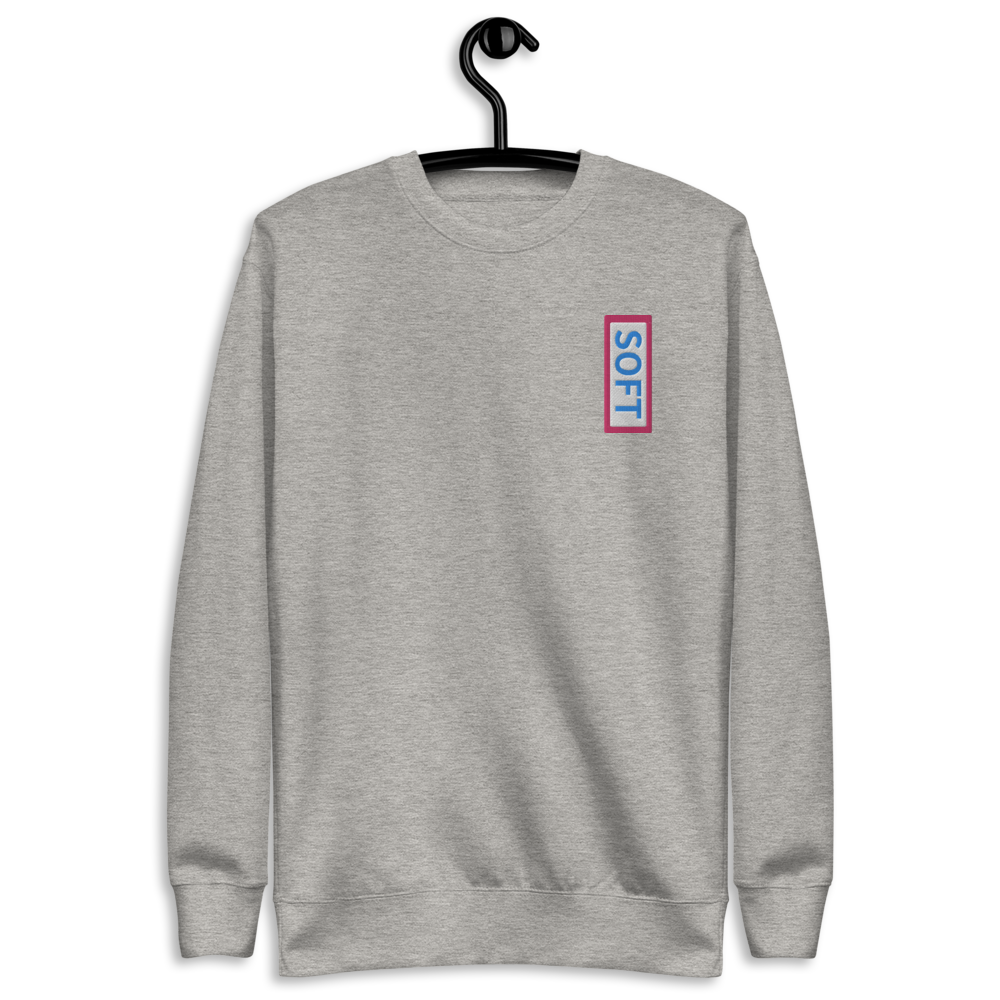 Light gray grey fleece pullover from Soft Shop with vertical Soft blue lettering in red box