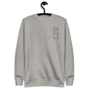 Light gray grey fleece pullover from Soft Shop with vertical Soft blue lettering in red box